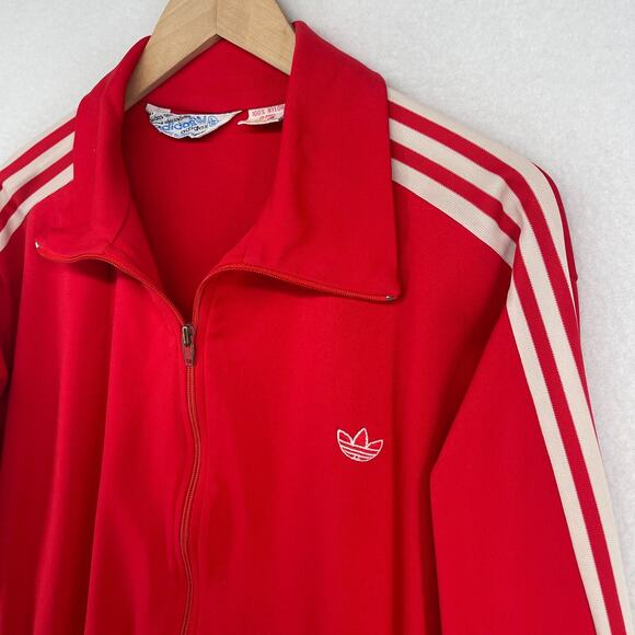 ADIDAS Jacket Mens L Trefoil Full Zip Retro Track Varsity 3 Stripe Nylon Red VTG - Picture 2 of 13